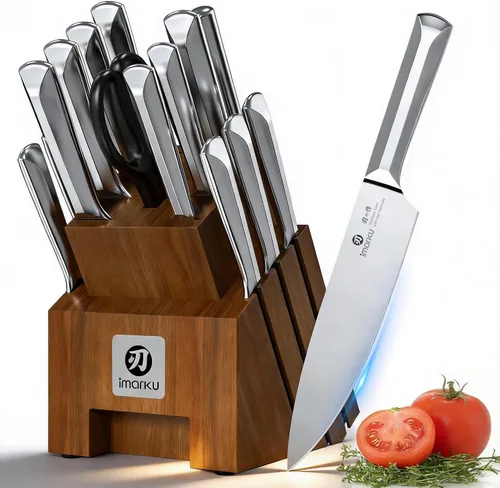 imarku Juego de cuchillos de cocina con bloque y afilador, 16 piezas de acero inoxidable japonés de alto carbono ultra afilado, mango ergonómico