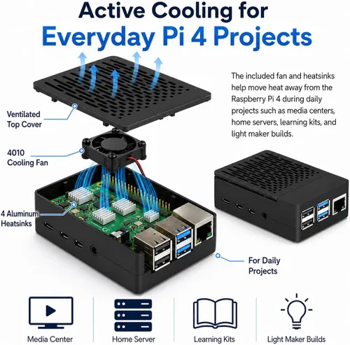 Miniatura 2 de iUniker Funda para Raspberry Pi 4, carcasa ABS Pi 4 con ventilador de refrigeración, disipador de calor Pi 4, cubierta superior extraíble simple