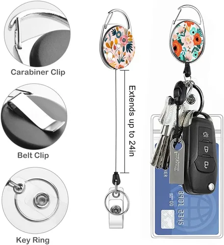 Miniatura 6 de Carrete retráctil resistente con mosquetón para cinturón, llavero, lindo carrete de identificación con nombre para médico, enfermera, paquete de 3