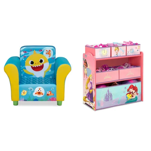 Delta Children Silla tapizada, Baby Shark & Design & Store Organizador de almacenamiento de juguetes de 6 compartimientos, Disney Princess