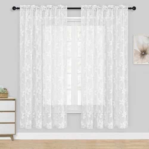 Miniatura 18 de DWCN Paquete de 2 cenefas de encaje floral para cocina, 52 x 18 pulgadas, con bolsillo para barra, cortina de gasa para ventana pequeña, cocina