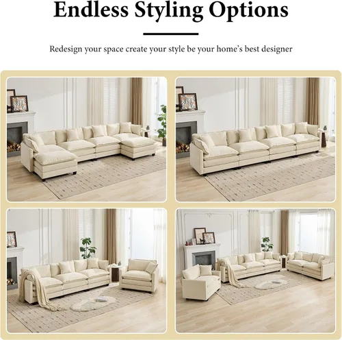 Miniatura 8 de Sofá seccional modular beige de 111.5", sofás seccionales grandes de 3 plazas para sala de estar, tela de chenilla marfil blanquecino, sofá nube