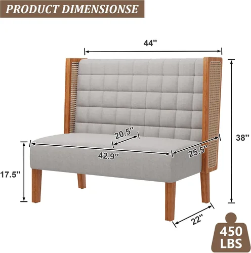 Miniatura 3 de Andeworld Banco de sofá biplaza con brazos de ratán, mini sofá tapizado moderno con respaldo alto, banco de comedor para banqueta para sala de Beige