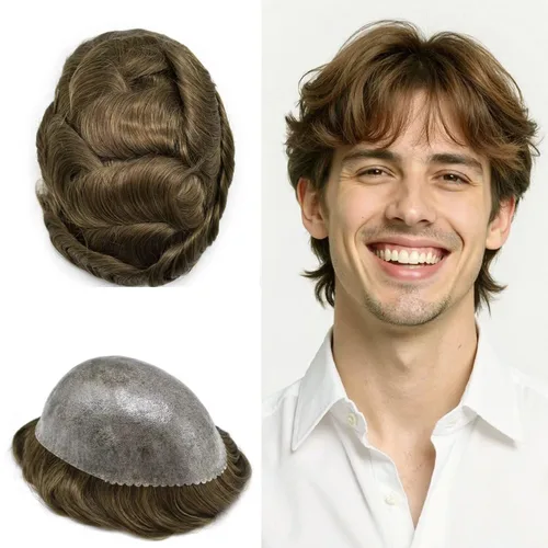 Miniatura 37 de Toupee - Sistema de reemplazo de cabello humano real de 0.004 in para hombres, con inyección, poliuretano duradero, piel fina, línea capilar