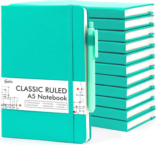 feela Paquete de 12 cuadernos a granel, cuadernos de tapa dura clásicos rayados con soporte para bolígrafo para mujeres y niñas, suministros