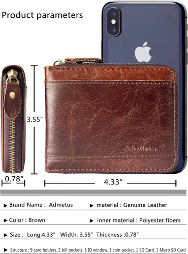 Miniatura 40 de Admetus Billeteras con bloqueo RFID para hombre, billetera de cuero con cremallera para hombres con tarjetero RFID plegable