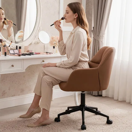 Miniatura 4 de HNY Silla de escritorio moderna de piel sintética, altura ajustable, cómoda silla giratoria de maquillaje con ruedas para sala de estar, computadora