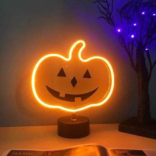 Letrero de neón de calabaza brillante naranja, decoración de Halloween, luz de mesa con USB o batería