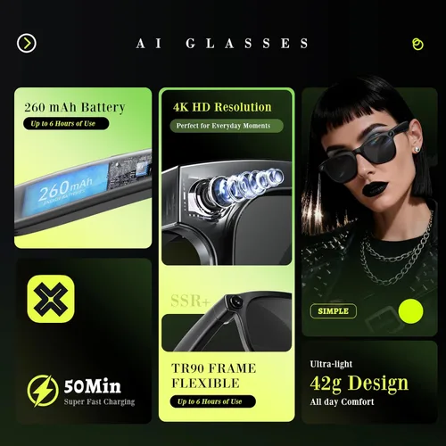 Miniatura 7 de Últimas gafas inteligentes AI con cámara 4K - Grabación de video manos libres, audio de oído abierto y conexión inalámbrica para Vlog, conducción