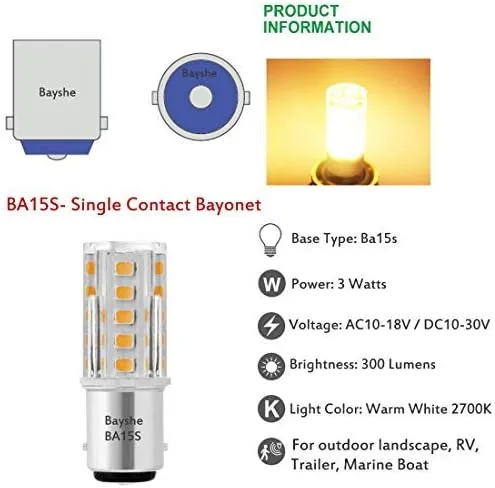 Miniatura 8 de 12V BA15S S8 SC Bayoneta Base de un solo contacto 1156 1141 3W Bombilla LED 2700K blanco cálido, AC/DC 12V cubierta de camino de paisaje RV cámper