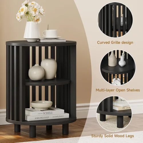 Miniatura 4 de Mesa auxiliar redonda, mesita de noche de madera, mesita de noche moderna de mediados de siglo con estante de almacenamiento abierto, mesas