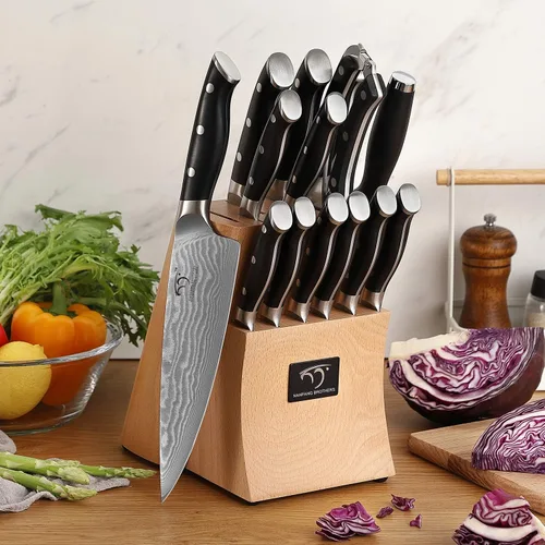 Miniatura 6 de NANFANG BROTHERS Juego de cuchillos de cocina de Damasco de 15 piezas con acero de Damasco japonés de 67 capas, mango ergonómico ABS para juego