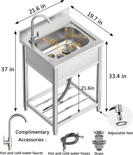 Miniatura 5 de Juego de fregadero de cocina de restaurante comercial de acero inoxidable de pie independiente con grifo, lavabo de mano de lavado de preparación