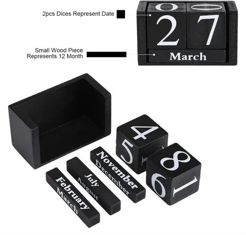 Miniatura 3 de Calendario de madera vintage, calendario perpetuo de escritorio, calendario de madera vintage, bloque de madera de escritorio, fecha de mes, Negro