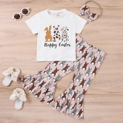Miniatura 2 de 3pc Toddler Girls Kids Easter Cartoon Rabbit Printed Pullover Tops Spring Flared Pants Infant Stylish Headband