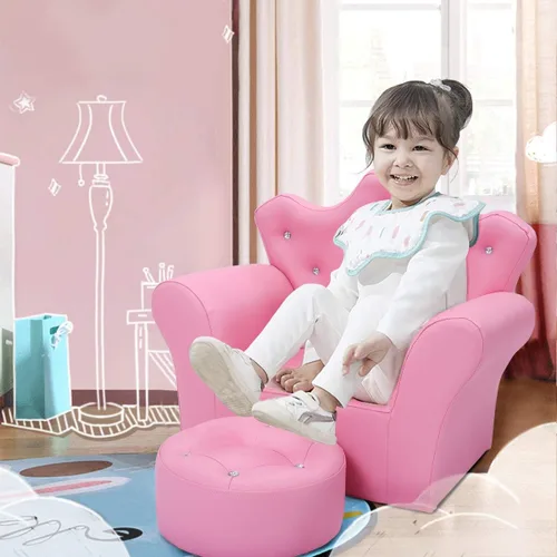 Miniatura 5 de HONEY JOY Sofá para niños, sofá tapizado de princesa con otomana, piel de PVC y cristal incrustado, muebles de dormitorio para bebé niña (rosa)