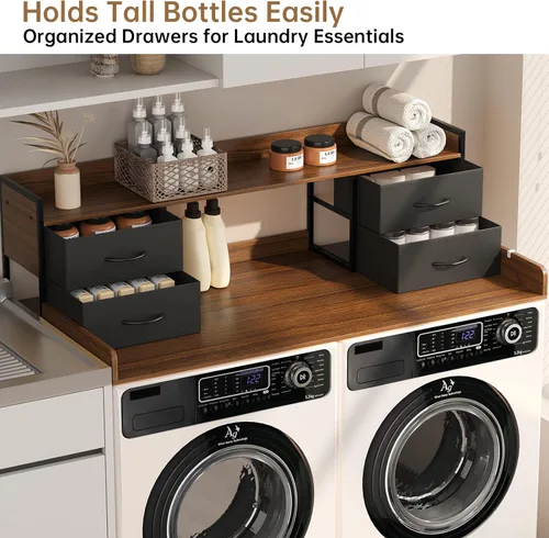 Miniatura 3 de Encimera para Lavadora y Secadora de 4 Cajones con Estante, 27.5" P x 54" A, Superficie Superior para Lavandería con Barandillas de 3.54" de Alto