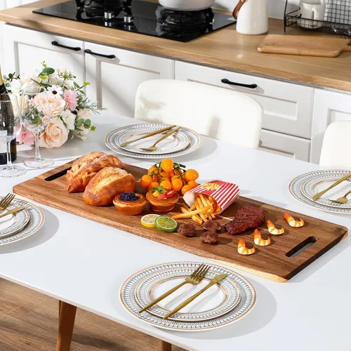 Miniatura 3 de Bokon 2 tablas de madera de acacia para charcutería con asa, bandeja de madera rectangular con mango hueco, bandeja de madera para servir queso