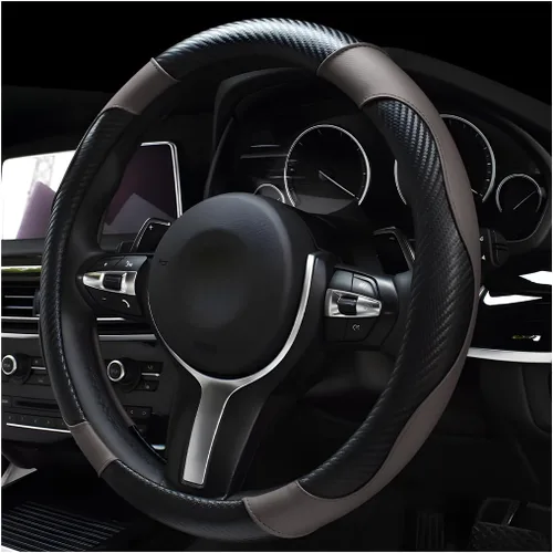 Miniatura 17 de DXNQ Funda para volante de automóvil, 15 pulgadas de fibra de carbono con costuras de piel, protector de volante de color, antideslizante, elástica
