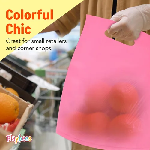 Miniatura 5 de Playbees Bolsas de plástico pequeñas de colores brillantes con asas troqueladas en varios colores, paquete de 50 bolsas de comestibles de 8.75 x 12