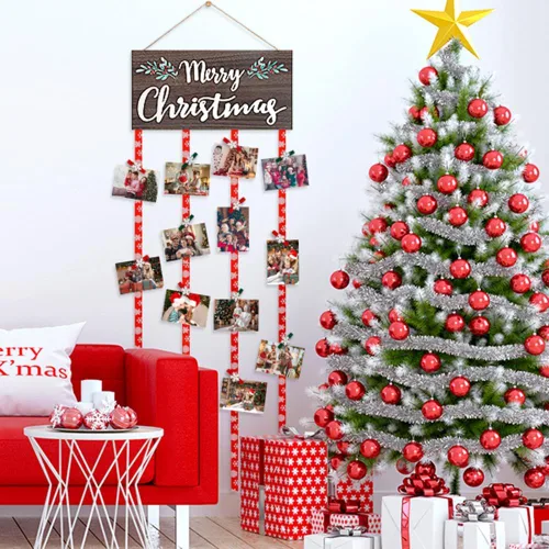 Miniatura 4 de Soporte de Exhibición para Tarjetas de Navidad, Decoración de Pared de Navidad, Marco de Fotos de Navidad de Madera con 30 Clips para Colgar Fotos