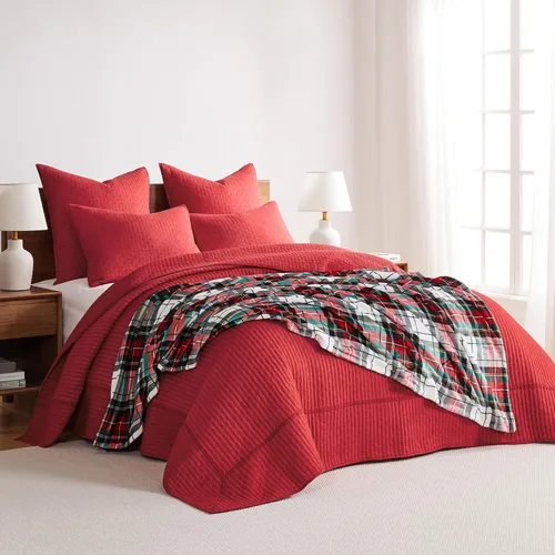 Miniatura 7 de Levtex Home - Cross Stitch. Juego de cubrecama acolchado de algodón color rojo, patrón de punto de cruz, tamaño individual, cubrecama