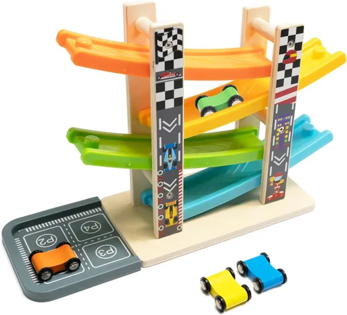 Wood City Set de Juguetes de Rampa y Carrera de Coches de Madera con 4 Coches en Miniatura y Pistas de Carrera, Juguetes para Niños de 1, 2, 3 Años