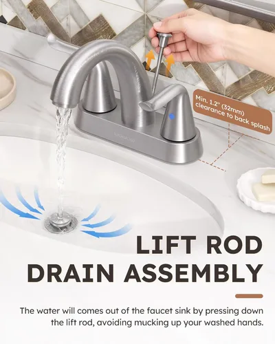 Miniatura 3 de WOWOW Grifo de Baño de 2 Manijas de 4 Pulgadas Centerset para Lavabo de Baño, Grifo Mezclador de Lavabo Sin Plomo con Tapón de Drenaje de Varilla A.