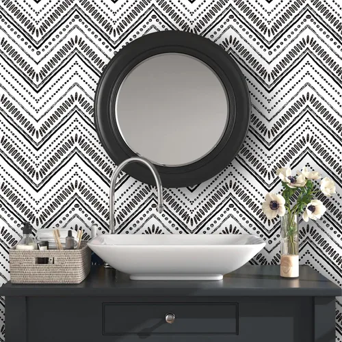 Miniatura 5 de HAOKHOME Papel tapiz con textura geométrica bohemia en blanco y negro, moderno, para decoración de baño, 17.7 pulgadas x 9.8 pies