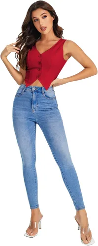Miniatura 3 de SweatyRocks Chaleco corto con dobladillo asimétrico y botones en la parte delantera para mujer, cuello en V, sin mangas, para mujer