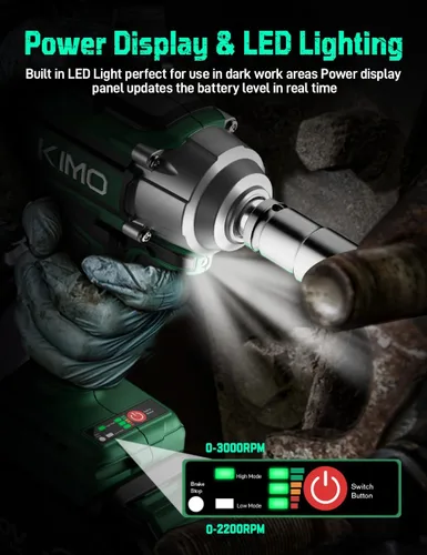 Miniatura 9 de KIMO - Llave de impacto 1/2 inalámbrica, 550 N.m/406 pies-libras de par máximo y 3000 RPM, batería de 2 x 20 V 3.0 Ah, pistola de impacto con 7 Verde