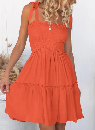 Miniatura 4 de MUXERI Women's Bohemian Solid Color Spaghetti Straps Shirred Square Neck Swing A Line Beach Mini Dress