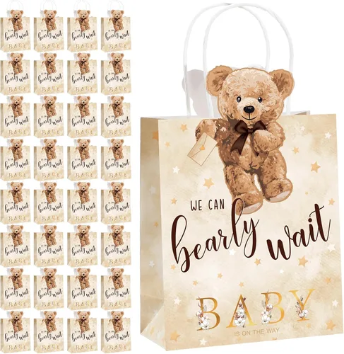 Miniatura 8 de Tinlade - 16 bolsas de regalo de oso para baby shower, We Can Bearly Wait, bolsas de regalos con asas, para baby shower, regalos para recién Azul