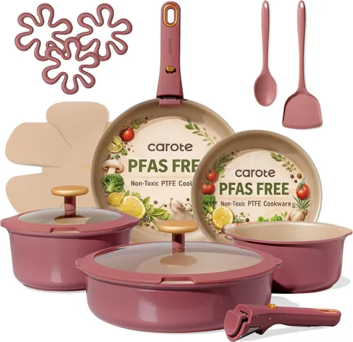 CAROTE Juego de ollas y sartenes antiadherentes reforzadas con titanio, 18 piezas, juego de utensilios de cocina antiadherentes con mango Rojo