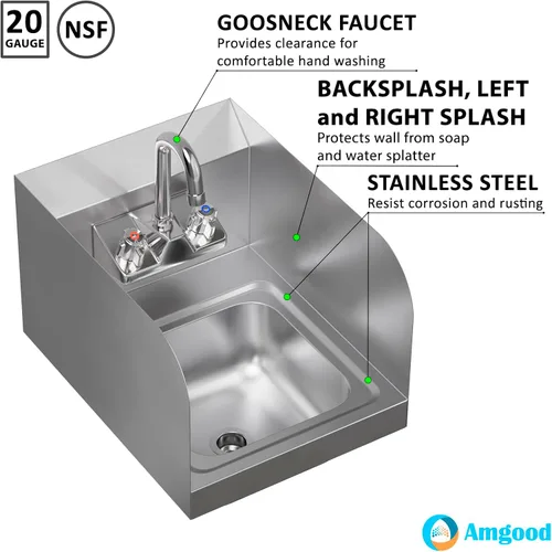 Miniatura 4 de AmGood Fregadero de mano de acero inoxidable para montaje en pared NSF Lavabo comercial de manos para restaurante, cocina y hogar