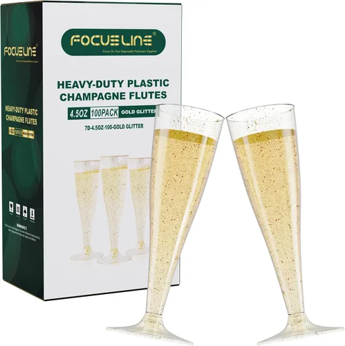 FOCUSLINE Paquete de 100 copas de champán de plástico, vasos de champán de plástico con purpurina dorada de 4.5 onzas, vasos desechables Copas de