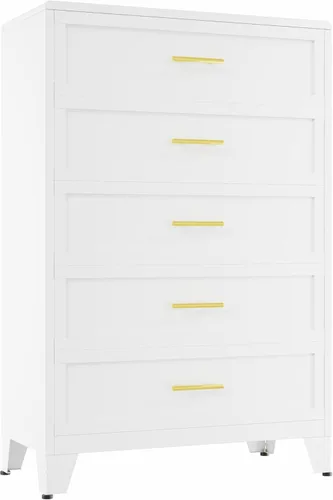Cómoda blanca de 5 cajones para dormitorio, cómodas y cajoneras de metal de 53.46 pulgadas de alto con diseño de esquinas curvas, cajonera Blanco