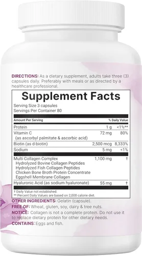 Miniatura 7 de Micro Ingredients Píldoras de colágeno múltiple para mujeres y hombres, 240 cápsulas Tipo I, II, III, V, X Péptidos proteicos hidrolizados