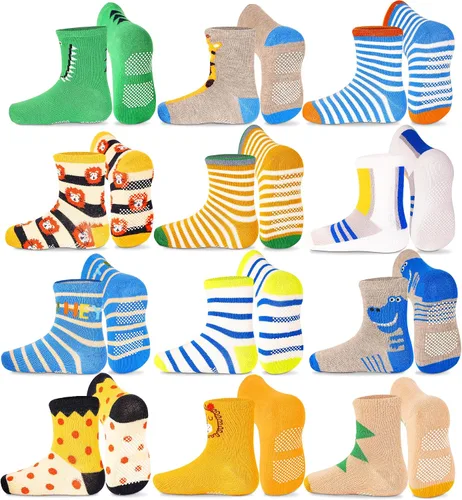 Miniatura 8 de GRPSKCOS Calcetines antideslizantes para niños pequeños, 12 pares de calcetines antideslizantes para niños y niñas de 1 a 7 años