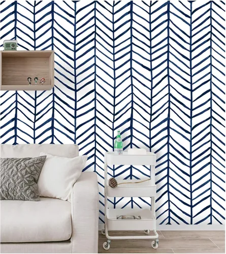 Miniatura 5 de HAOKHOME Papel tapiz azul marino para despegar y pegar, diseño moderno a rayas para baño, decoración extraíble de espiga de 17.7 pulgadas x 9.8 pies