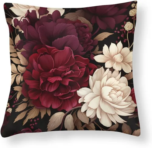 Miniatura 10 de Fundas de cojín de satén elegantes, decorativas florales burdeos, suaves y lujosas, elegantes fundas de almohada de terciopelo floral para sofá