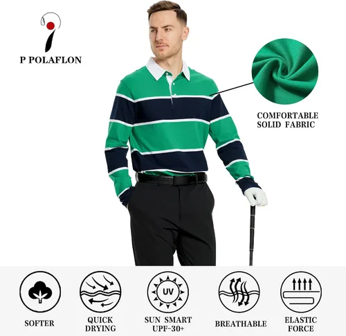 Miniatura 5 de Polo de golf para hombre, manga larga, a rayas, ajuste seco, casual, cuello piqué para hombre