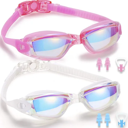 Gafas de natación, paquete de 2 gafas de natación para adultos, hombres, mujeres, jóvenes, niños Blanco/Rosa (espejo).