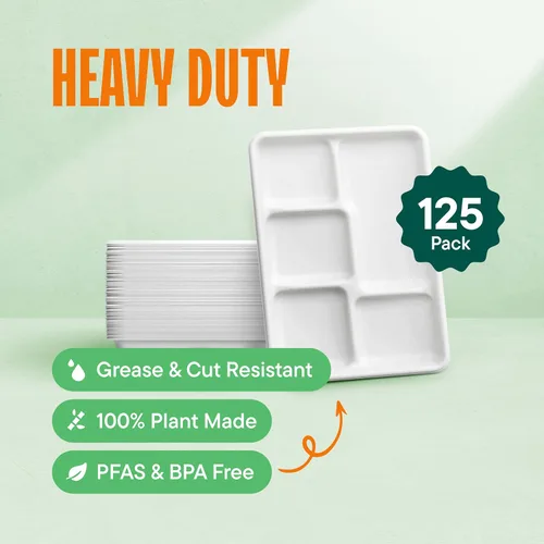 Miniatura 3 de Plato de papel 100% compostable, paquete de 125 unidades bandeja de 5 compartimientos desechable de calidad resistente, ecológica hecha de fibras