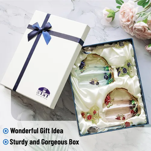 Miniatura 5 de BTAT - Juego de tazas de té de vidrio floral con cuchara y tapa, paquete de 2, 11 onzas, azul y rojo, diseño de mariposa y flor con caja de regalo