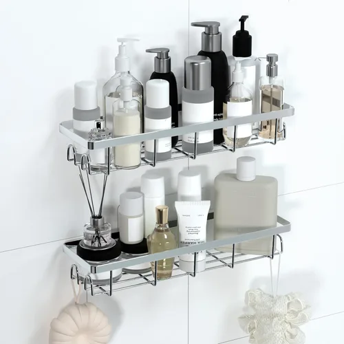 Miniatura 9 de Organizador de Cesta de Ducha con Ganchos, Estantes de Baño Autoadhesivos, Organizadores y Almacenamiento de Baño sin Taladro, Perfecto para RV