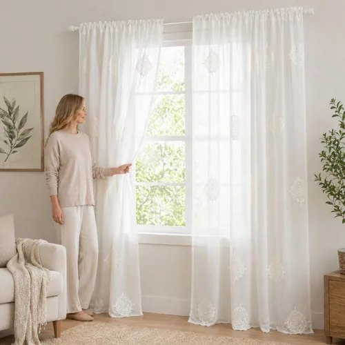 Miniatura 3 de VOGOL Cortinas traslúcidas de 84 pulgadas de largo, cortinas traslúcidas blancas con bordado floral europeo para sala de estar, comedor, bolsillo