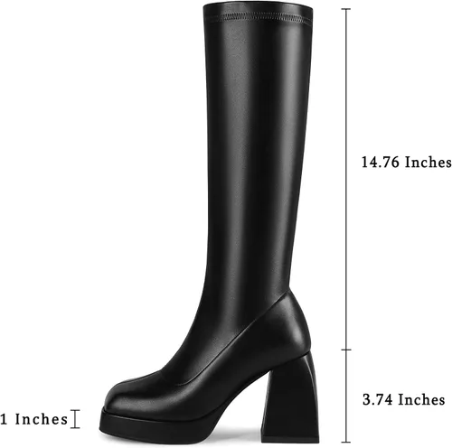 Miniatura 2 de DOBOYG Botas altas hasta la rodilla para mujer, botas de plataforma, tacón grueso de bloque elástico, punta cuadrada, botas altas de charol