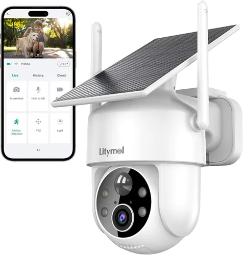 LITYMOL Cámaras de seguridad de 2K con vista de 360° inalámbricas para exteriores, cámaras solares para seguridad del hogar, visión nocturna con