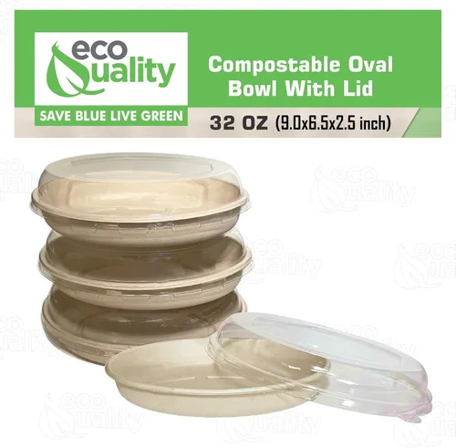 Miniatura 5 de Cuencos de burrito ovalados desechables de fibra compostable de 32 onzas con tapas de cúpula, resistentes, ecológicos, bagazo natural sin blanquear